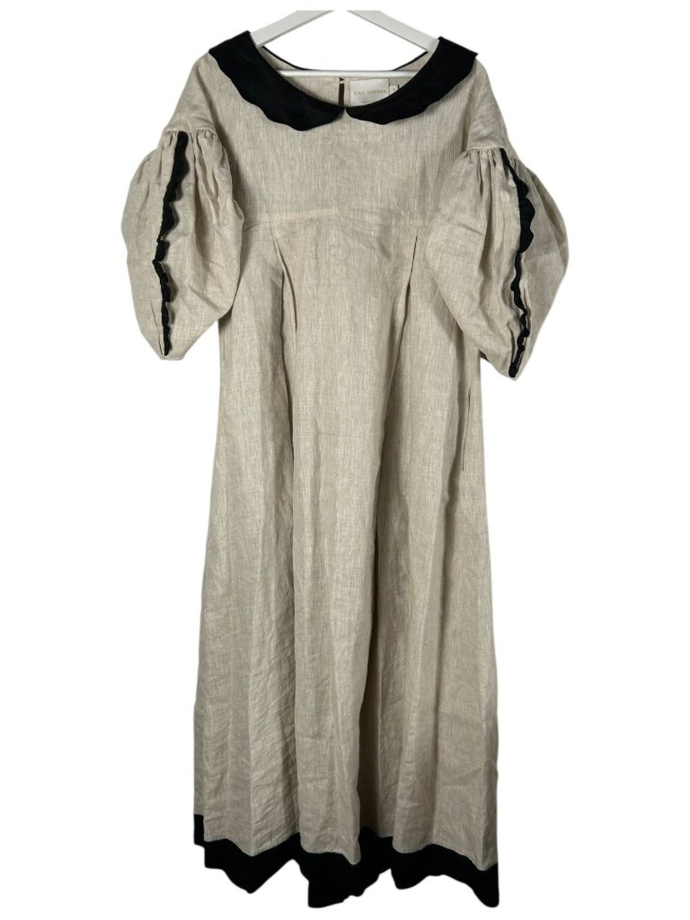 Kika Vargas Beige Linen Puff Sleeve Midi Dress Medium Scalloped Trim Pockets